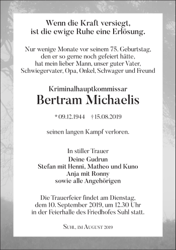Traueranzeige von Bertram Michaelis von Südthüringer Presse