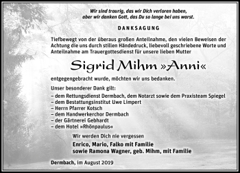Traueranzeige von Sigrid Mihm von Südthüringer Presse