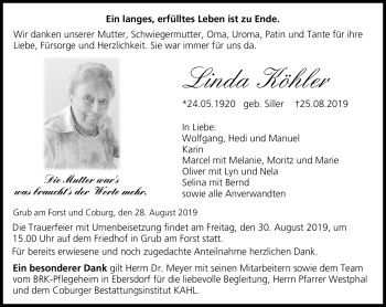 Traueranzeige von Linda Köhler von Neue Presse Coburg