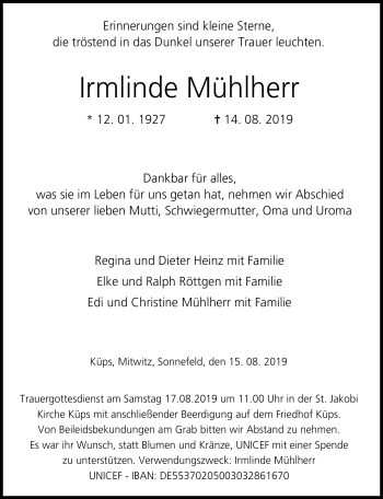 Traueranzeige von Mühlherr Irmlinde von Neue Presse Coburg