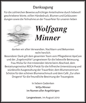 Traueranzeige von Wolfgang Minner von Südthüringer Presse