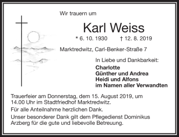 Traueranzeige von Karl Weiss von Frankenpost