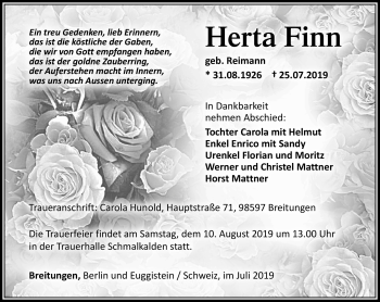 Traueranzeige von Hert Finn von Südthüringer Presse