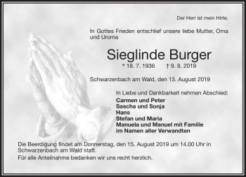 Traueranzeige von Sieglinde Burger von Frankenpost