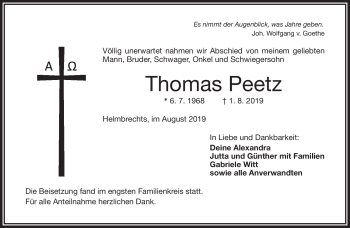 Traueranzeige von Thomas Peetz von Frankenpost