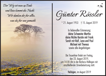 Traueranzeige von Günter Rössler von Südthüringer Presse