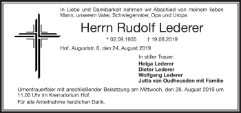 Traueranzeige von Rudold Lederer von Frankenpost