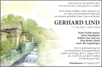 Traueranzeige von Gerhard Lind von Südthüringer Presse
