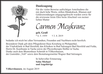 Traueranzeige von Carmen Meykranz von Südthüringer Presse