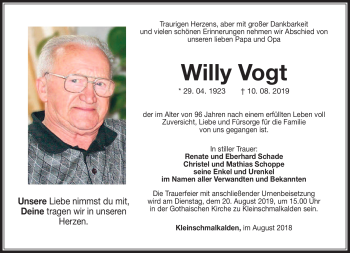 Traueranzeige von Willy Vogt von Südthüringer Presse