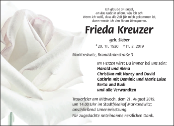 Traueranzeige von Frieda Kreuzer von Frankenpost