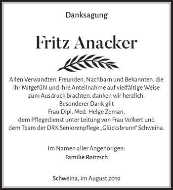 Traueranzeige von Fritz Anacker von Südthüringer Presse