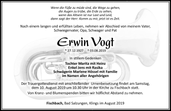 Traueranzeige von Erwin Vogt von Südthüringer Presse