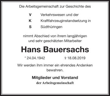 Traueranzeige von Hans Bauersachs von Südthüringer Presse