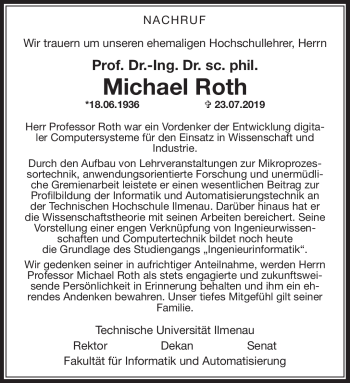 Traueranzeige von Michael Roth von Südthüringer Presse
