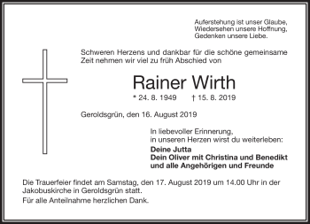 Traueranzeige von Rainer Wirth von Frankenpost