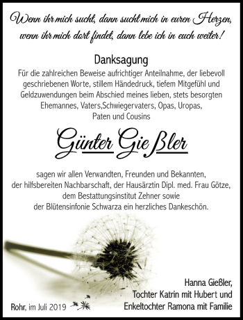 Traueranzeige von Günter Gießler von Südthüringer Presse