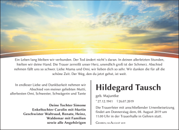Traueranzeige von Hildegard Tausch von Südthüringer Presse