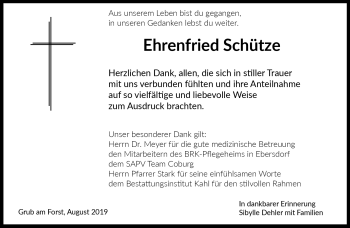 Traueranzeige von Ehrenfried Schütze von Neue Presse Coburg