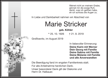 Traueranzeige von Marie Stricker von Frankenpost
