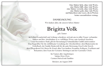 Traueranzeige von Brigitta Volk von Südthüringer Presse