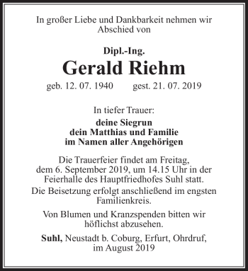 Traueranzeige von Gerald Riehm von Südthüringer Presse