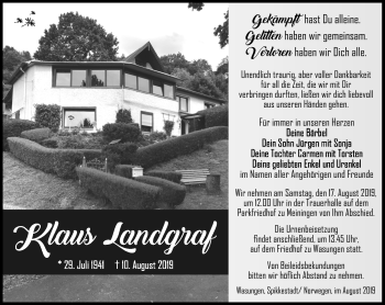 Traueranzeige von Klaus Landgraf von Südthüringer Presse