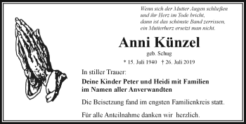 Traueranzeige von Anni Künzel von Frankenpost