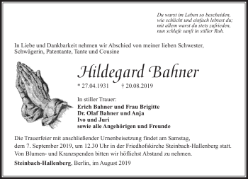 Traueranzeige von Hildegard Bahner von Südthüringer Presse
