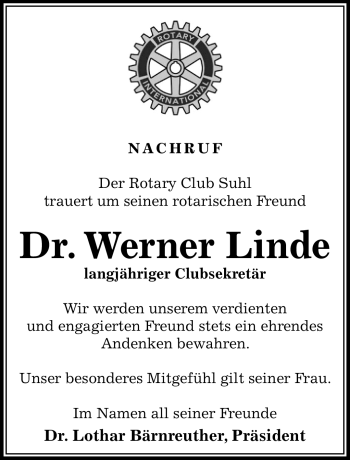 Traueranzeige von Werner Linde von Südthüringer Presse