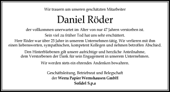 Traueranzeige von Daniel Röder von Südthüringer Presse