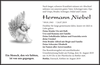 Traueranzeige von Hermann Niebel von Südthüringer Presse