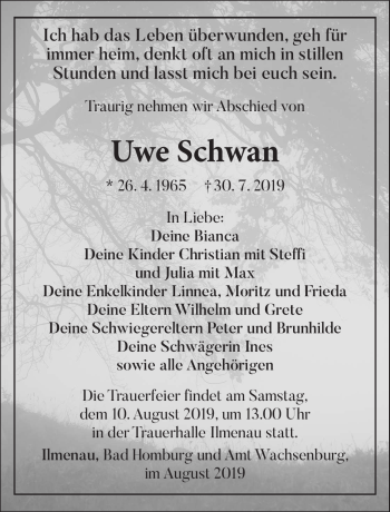 Traueranzeige von Uwe Schwan von Südthüringer Presse