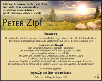 Traueranzeige von Peter Zipf von Südthüringer Presse