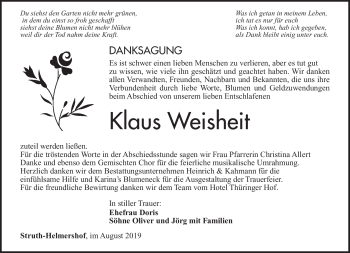 Traueranzeige von Klaus Weisheit von Südthüringer Presse
