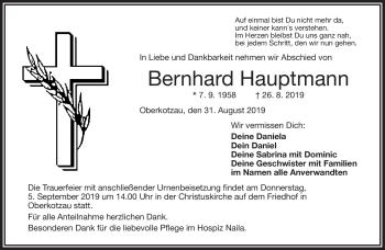 Traueranzeige von Bernhard Hauptmann von Frankenpost