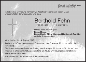 Traueranzeige von Berthold Fehn von Neue Presse Coburg