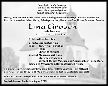 Traueranzeige von Lina Grosch von Südthüringer Presse