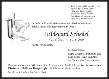 Traueranzeige von Hildegard Schedel von Frankenpost