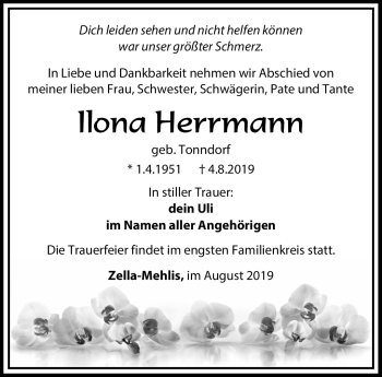 Traueranzeige von Ilona Herrmann von Südthüringer Presse