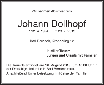 Traueranzeige von Johann Dollhopf von Frankenpost