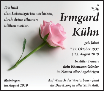 Traueranzeige von Irmgard Kühn von Südthüringer Presse
