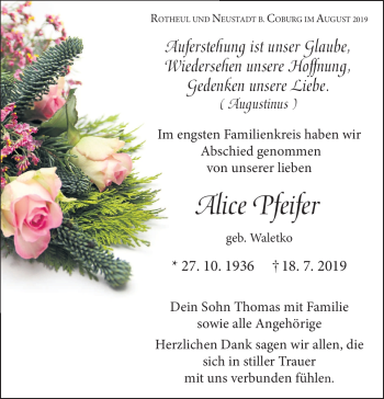 Traueranzeige von Alice Pfeifer von Südthüringer Presse