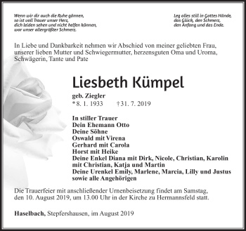 Traueranzeige von Liesbeth Kümpel von Südthüringer Presse