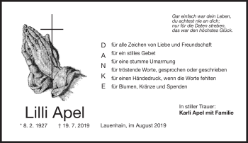 Traueranzeige von Lilli Apel von Neue Presse Coburg