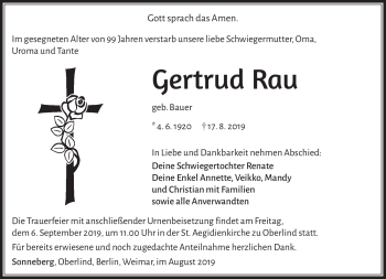 Traueranzeige von Gertrud Rau von Südthüringer Presse