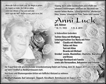 Traueranzeige von Anni Luck von Südthüringer Presse
