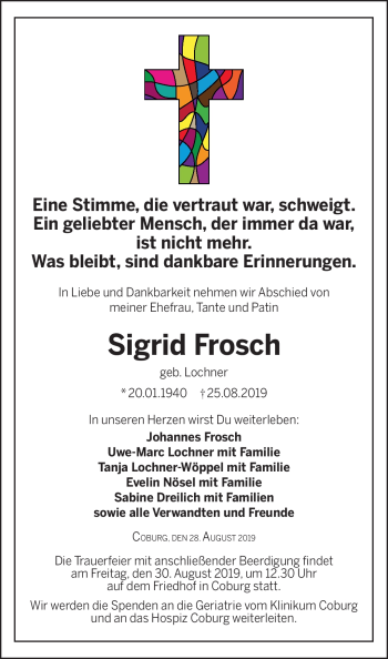 Traueranzeige von Sigrid Frosch von Neue Presse Coburg