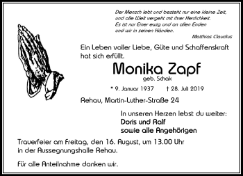 Traueranzeige von Monika Zapf von Frankenpost