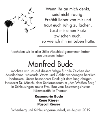 Traueranzeige von Manfred Bude von Südthüringer Presse